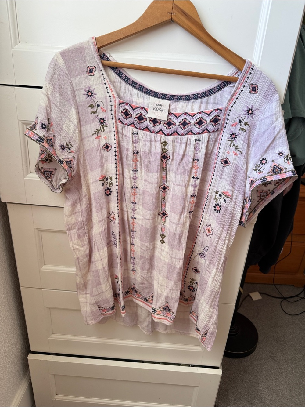 Knox Rose Lavender Plaid Embroidered Boho Blouse